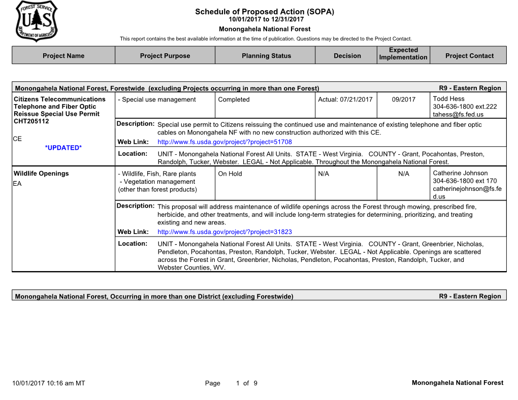 Schedule of Proposed Action (SOPA) 10/01/2017 to 12/31/2017 Monongahela National Forest This Report Contains the Best Available Information at the Time of Publication