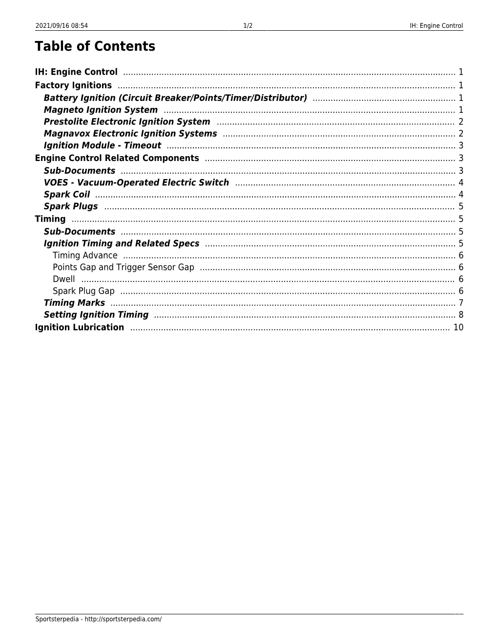 IH: Engine Control Table of Contents