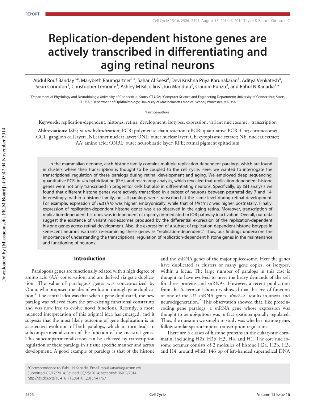 Replication-Dependent Histone Genes Are Actively Transcribed in Differentiating and Aging Retinal Neurons