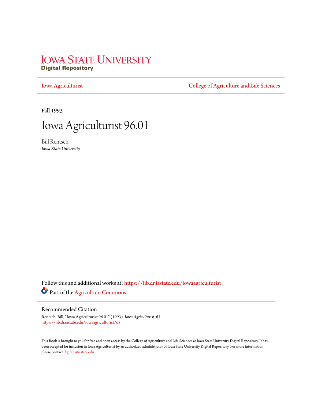 Iowa Agriculturist 96.01 Bill Rentsch Iowa State University