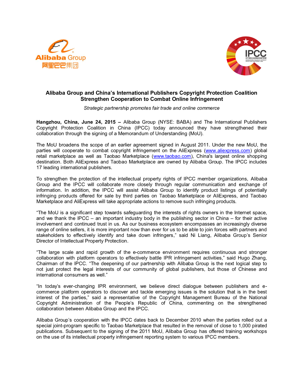 Alibaba Group and China's International Publishers Copyright Protection Coalition Strengthen Cooperation to Combat Online Infr