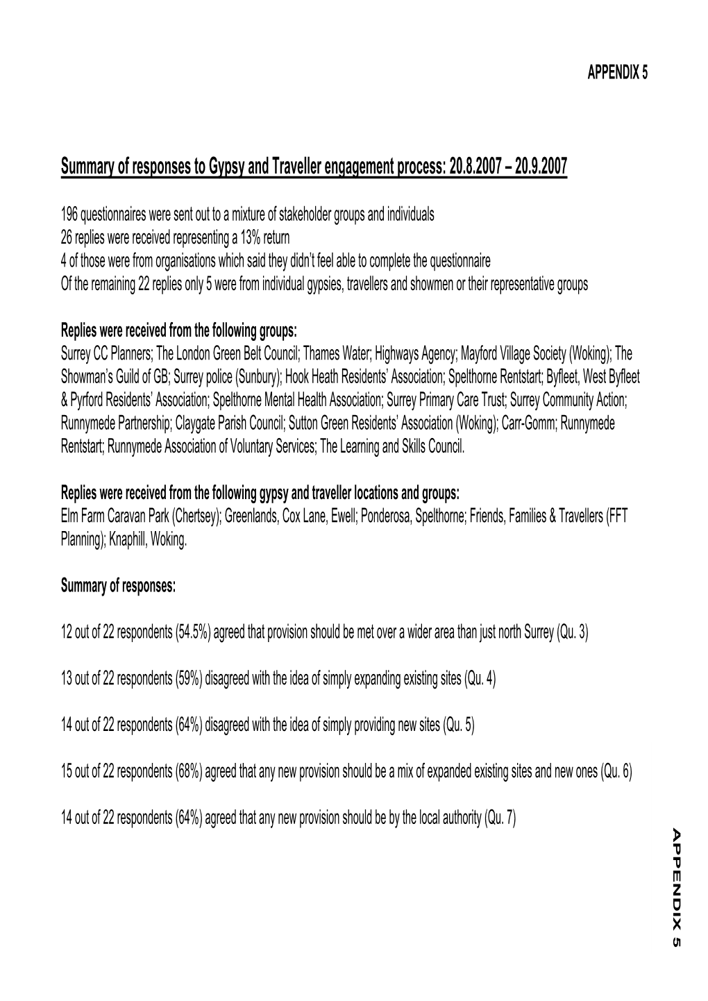 Summary of Responses to Gypsy and Traveller Engagement Process: 20.8.2007 – 20.9.2007