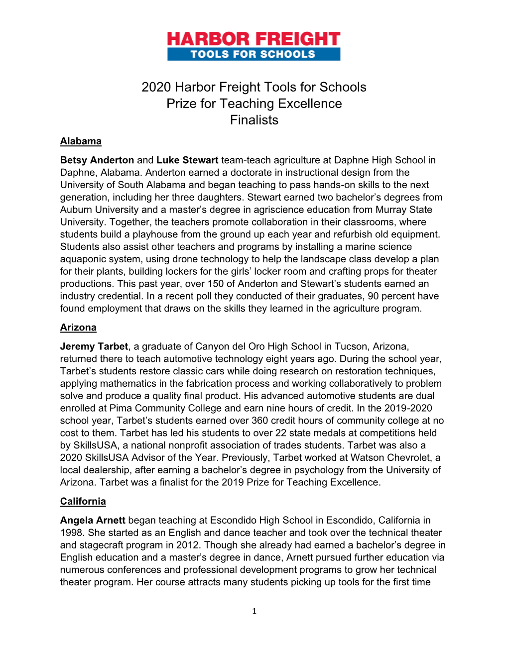 2020 Harbor Freight Tools for Schools Prize for Teaching Excellence