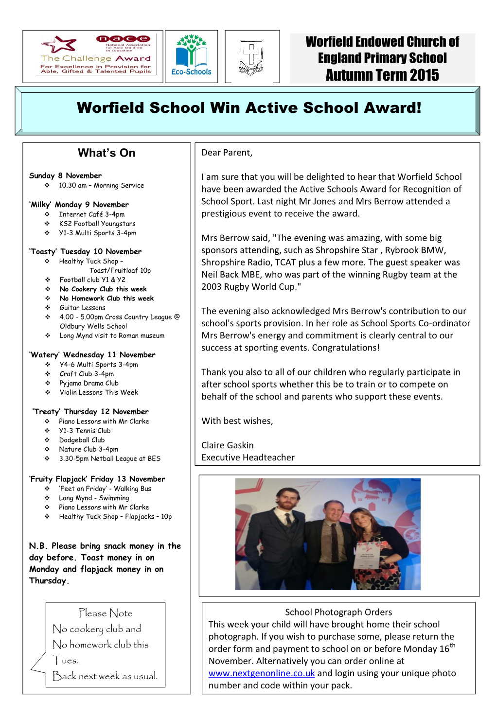 Autumn Term 2015 Worfield School Win Active School Award!