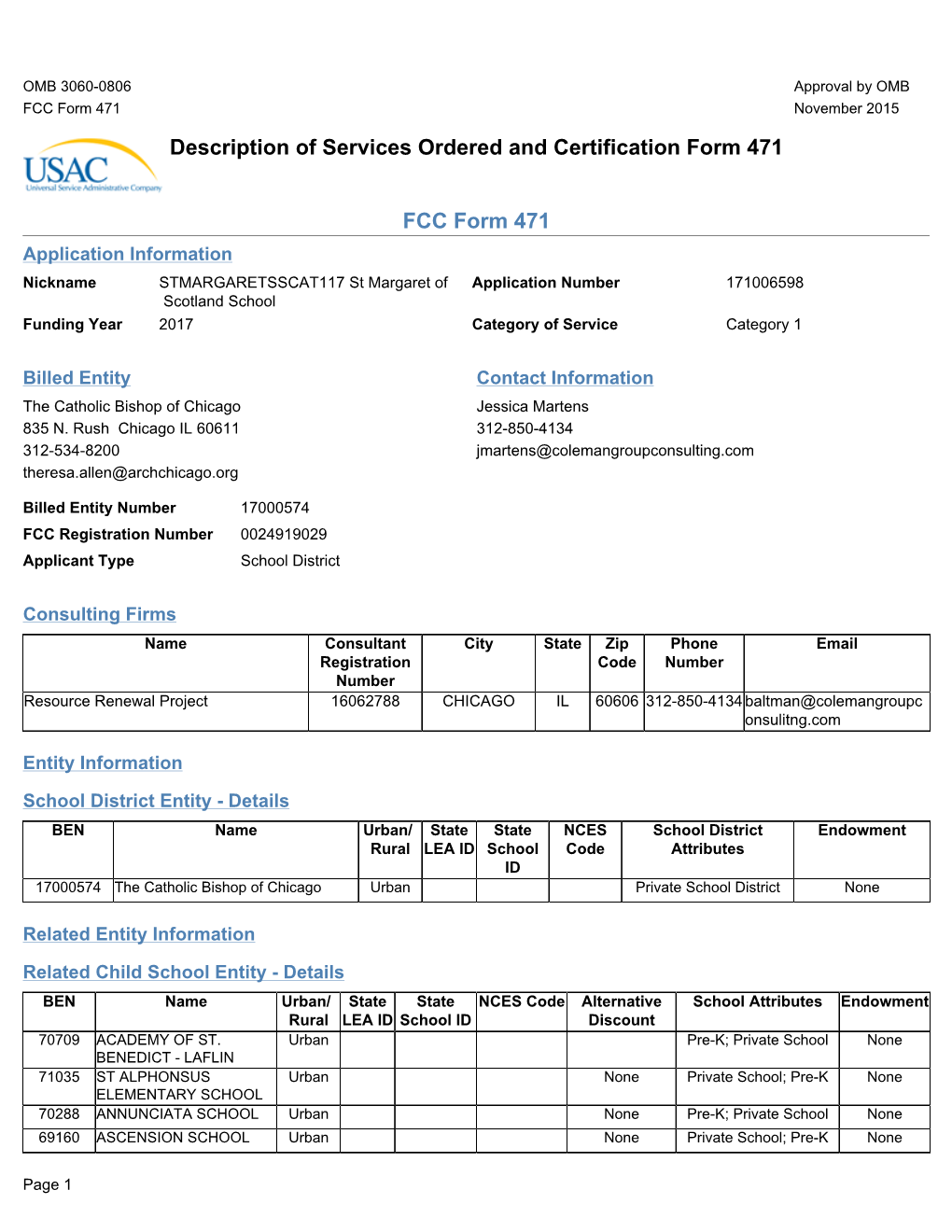 Description of Services Ordered and Certification Form 471 FCC Form