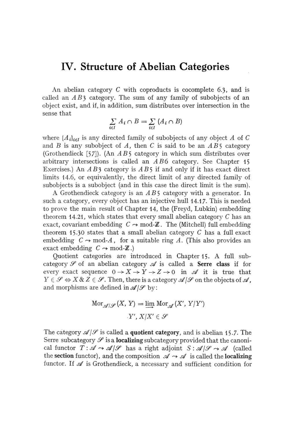 IV. Structure of Abelian Categories