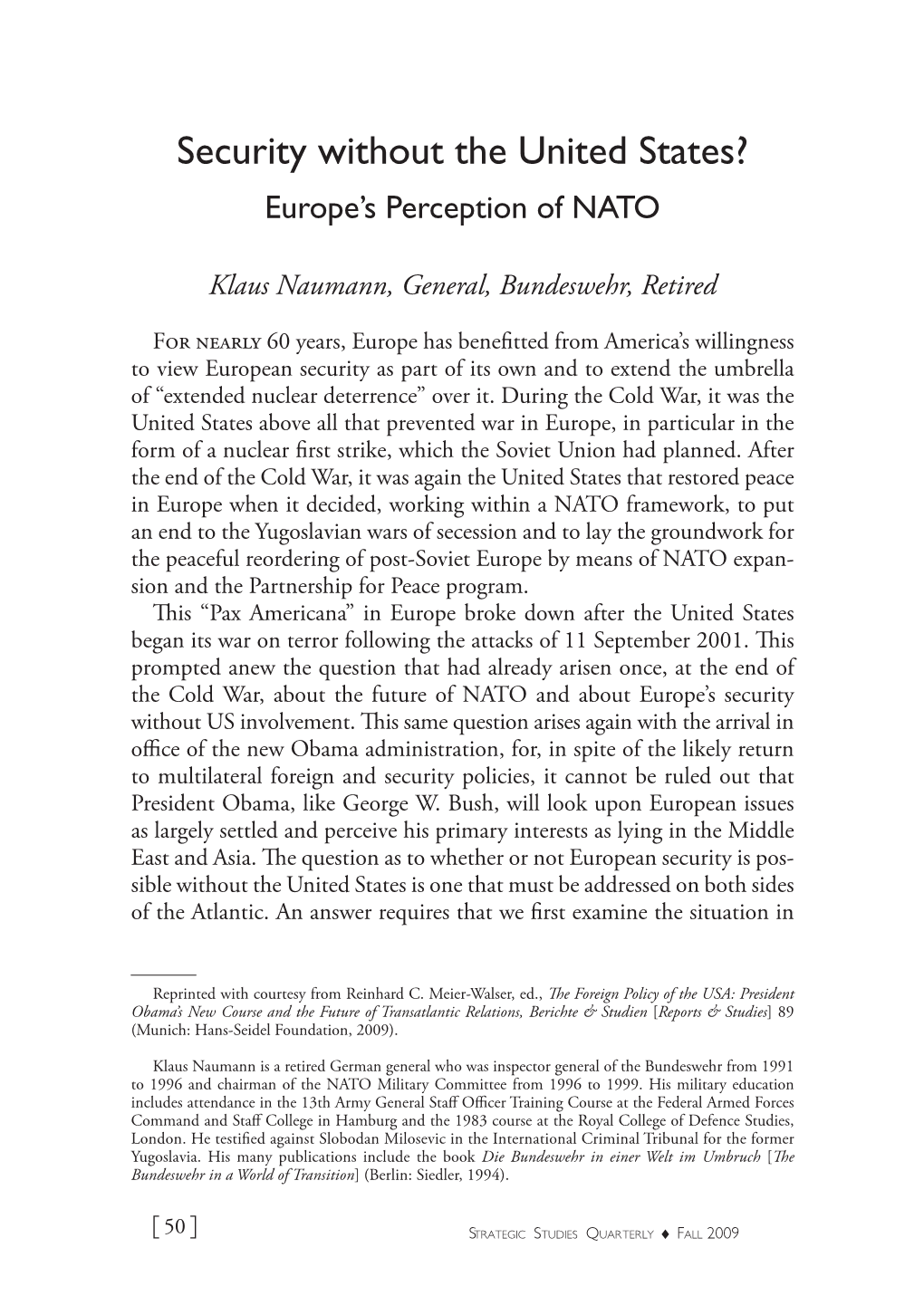 Security Without the United States? Europe's Perception of NATO