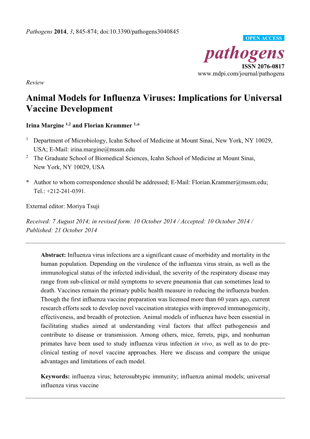 Animal Models for Influenza Viruses: Implications for Universal Vaccine Development