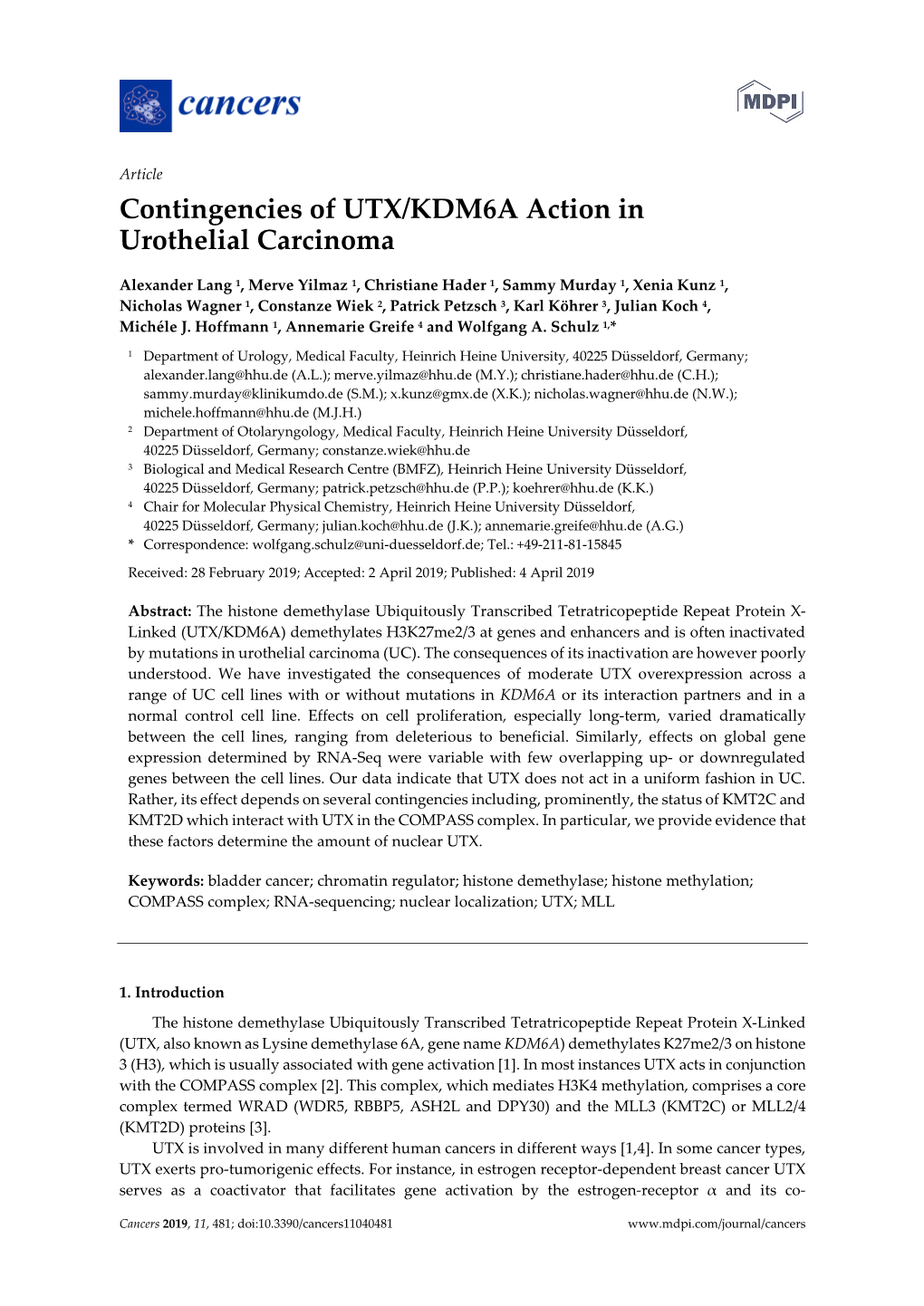 Article Contingencies of UTX/KDM6A Action in Urothelial Carcinoma