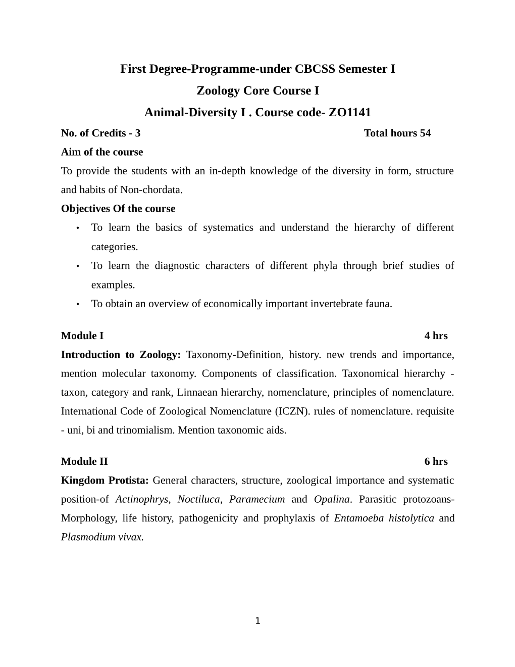 First Degree-Programme-Under CBCSS Semester I Zoology Core Course I Animal-Diversity I