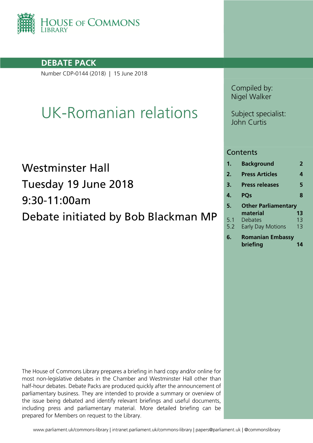 UK-Romanian Relations Subject Specialist: John Curtis