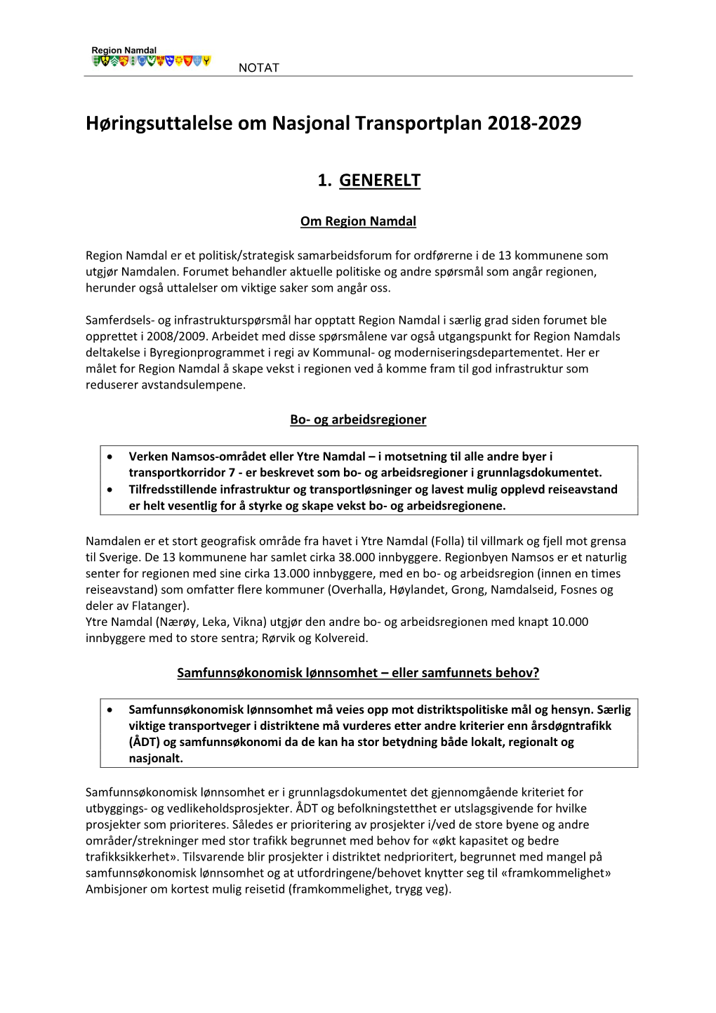 Høringsuttalelse Om Nasjonal Transportplan 2018-2029