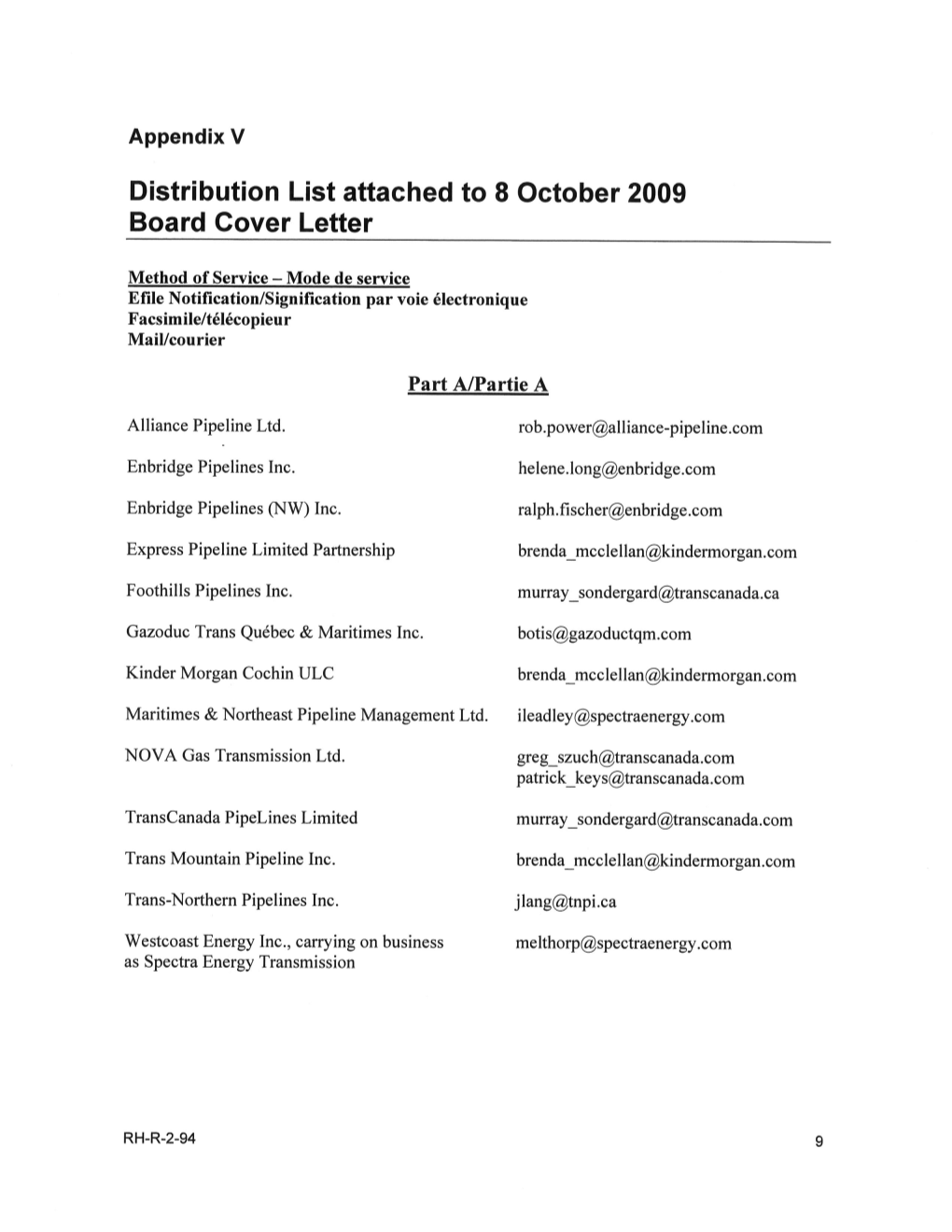 Distribution List Attached to 8 October 2009 Board Cover Letter