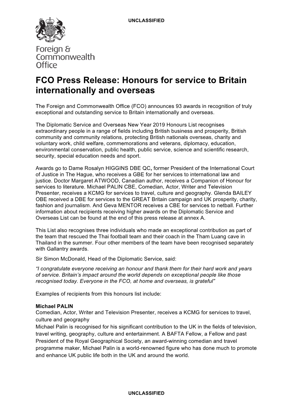 FCO Press Release: Honours for Service to Britain Internationally and Overseas