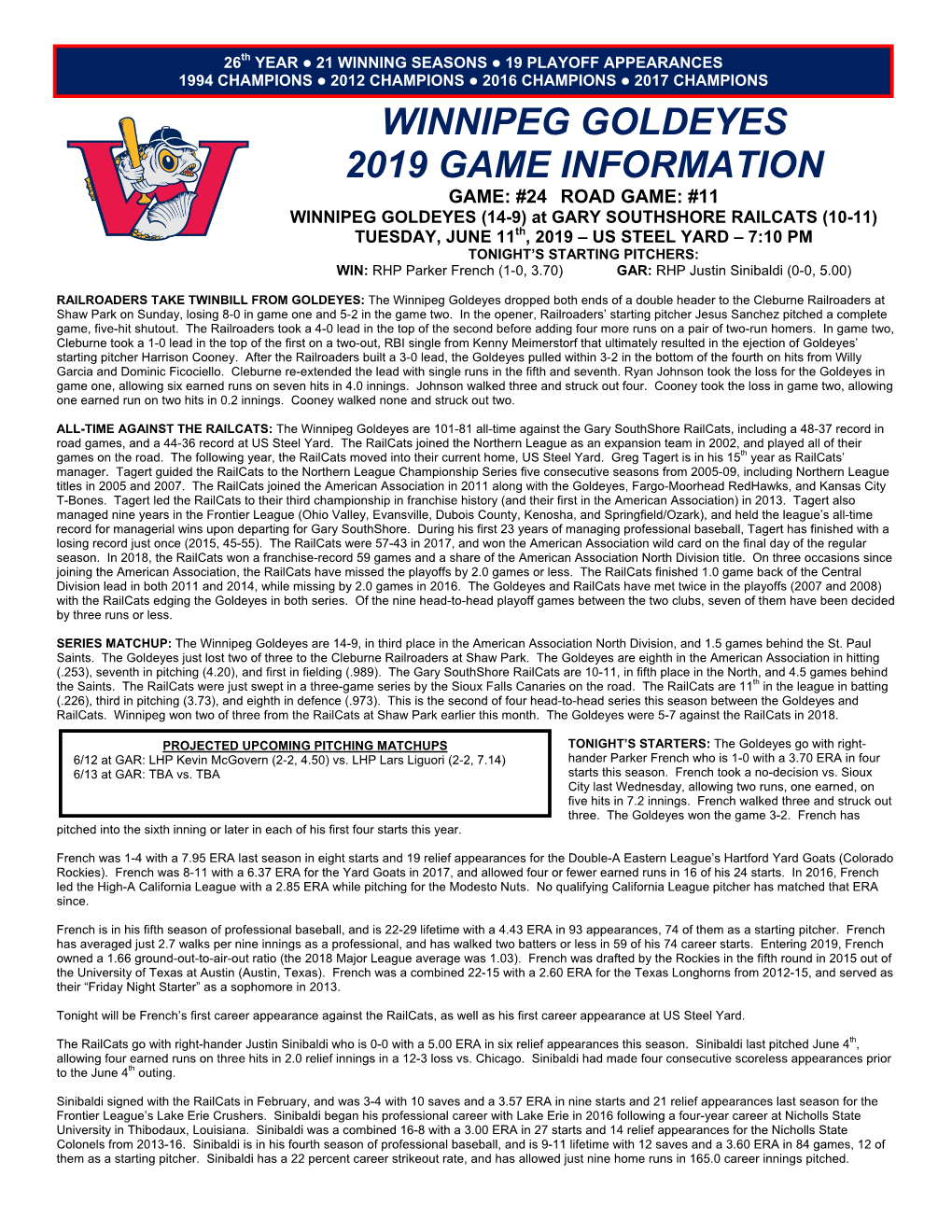 Winnipeg Goldeyes 2019 Game Information