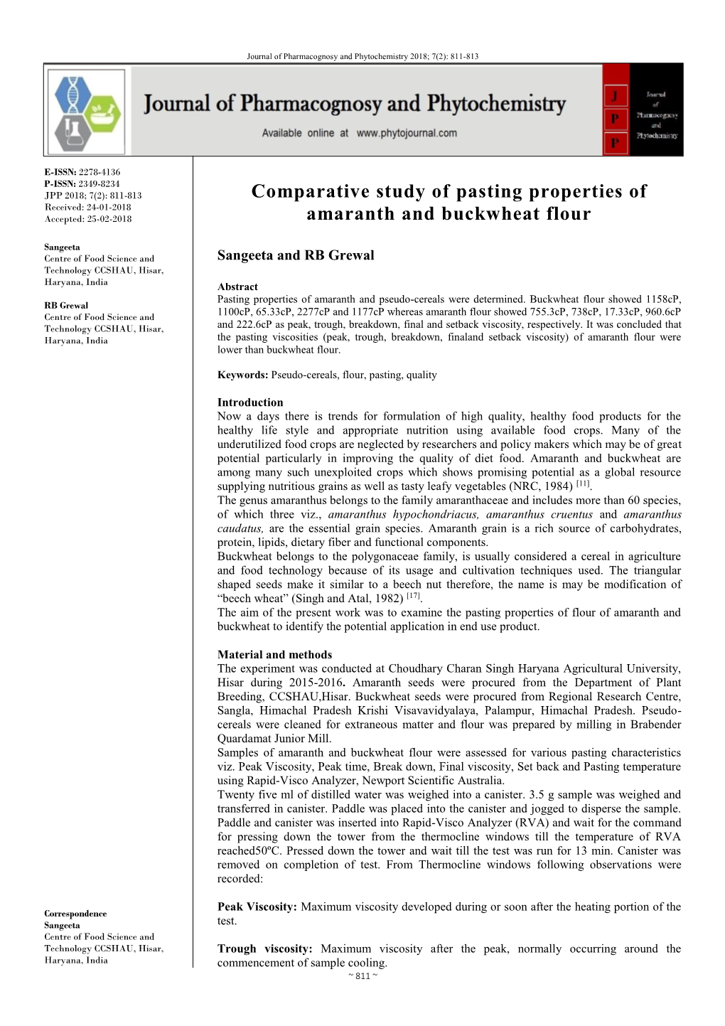 Comparative Study of Pasting Properties of Amaranth And