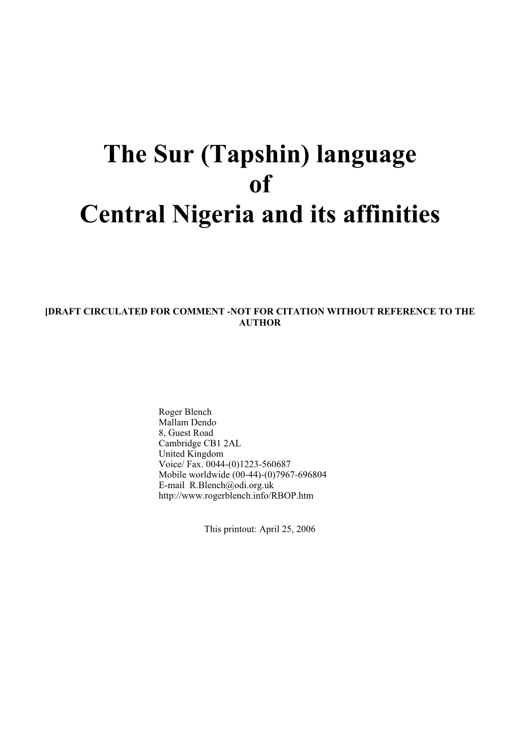 The Sur (Tapshin) Language of Central Nigeria and Its Affinities