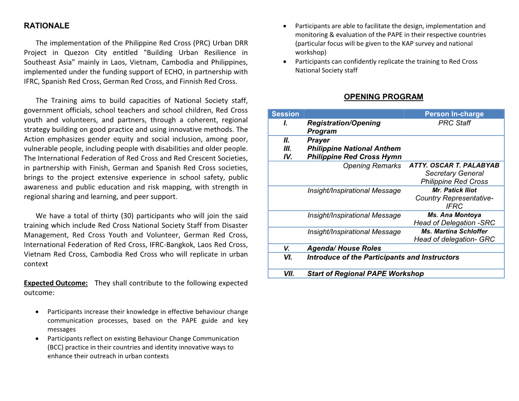 RATIONALE the Implementation of the Philippine Red Cross (PRC) Urban DRR Project in Quezon City Entitled "Building Urban Re