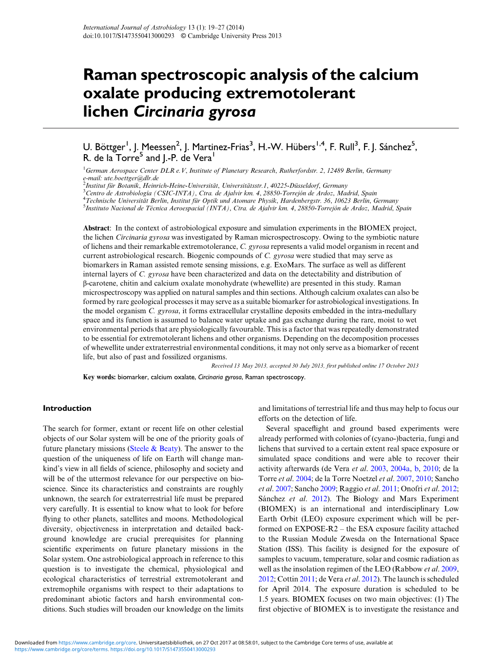 Raman Spectroscopic Analysis of the Calcium Oxalate Producing Extremotolerant Lichen Circinaria Gyrosa