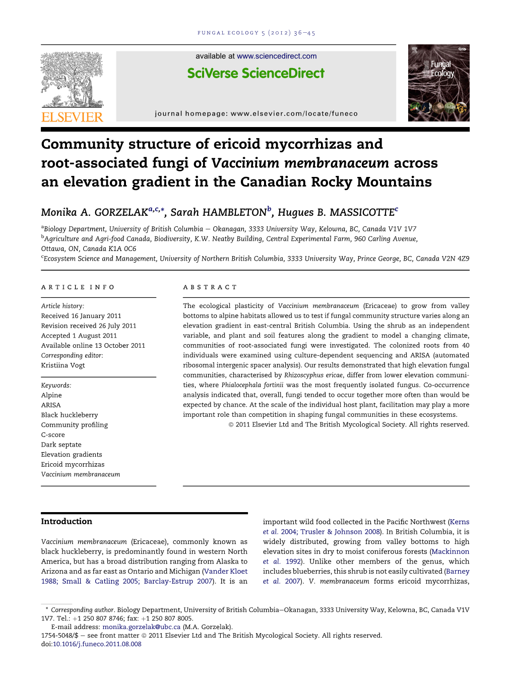 Community Structure of Ericoid Mycorrhizas and Root-Associated Fungi of Vaccinium Membranaceum Across an Elevation Gradient in the Canadian Rocky Mountains