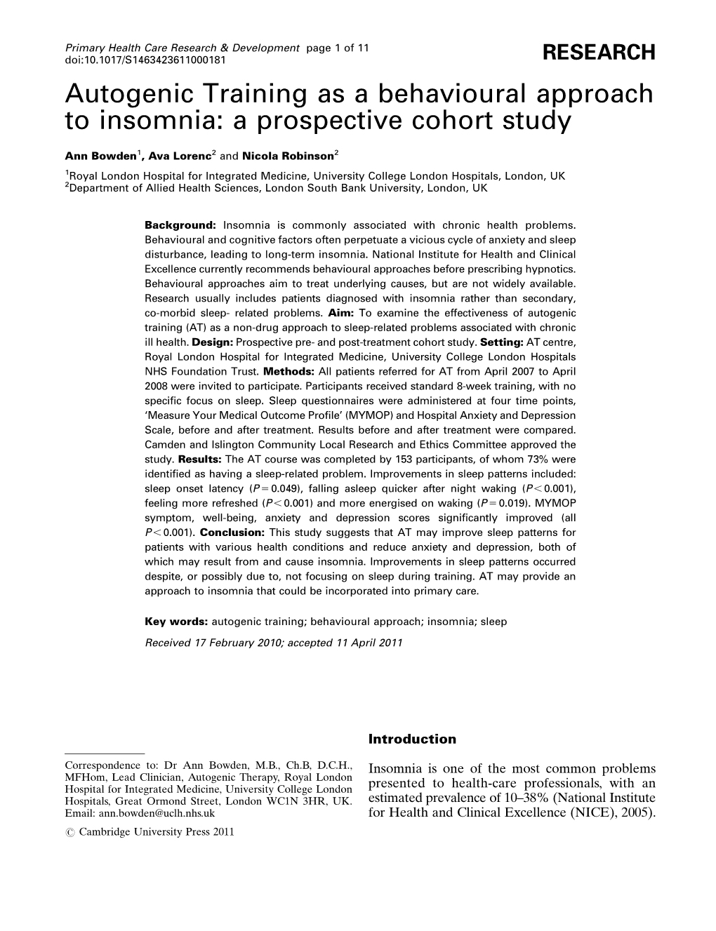 Autogenic Training As a Behavioural Approach to Insomnia: a Prospective Cohort Study