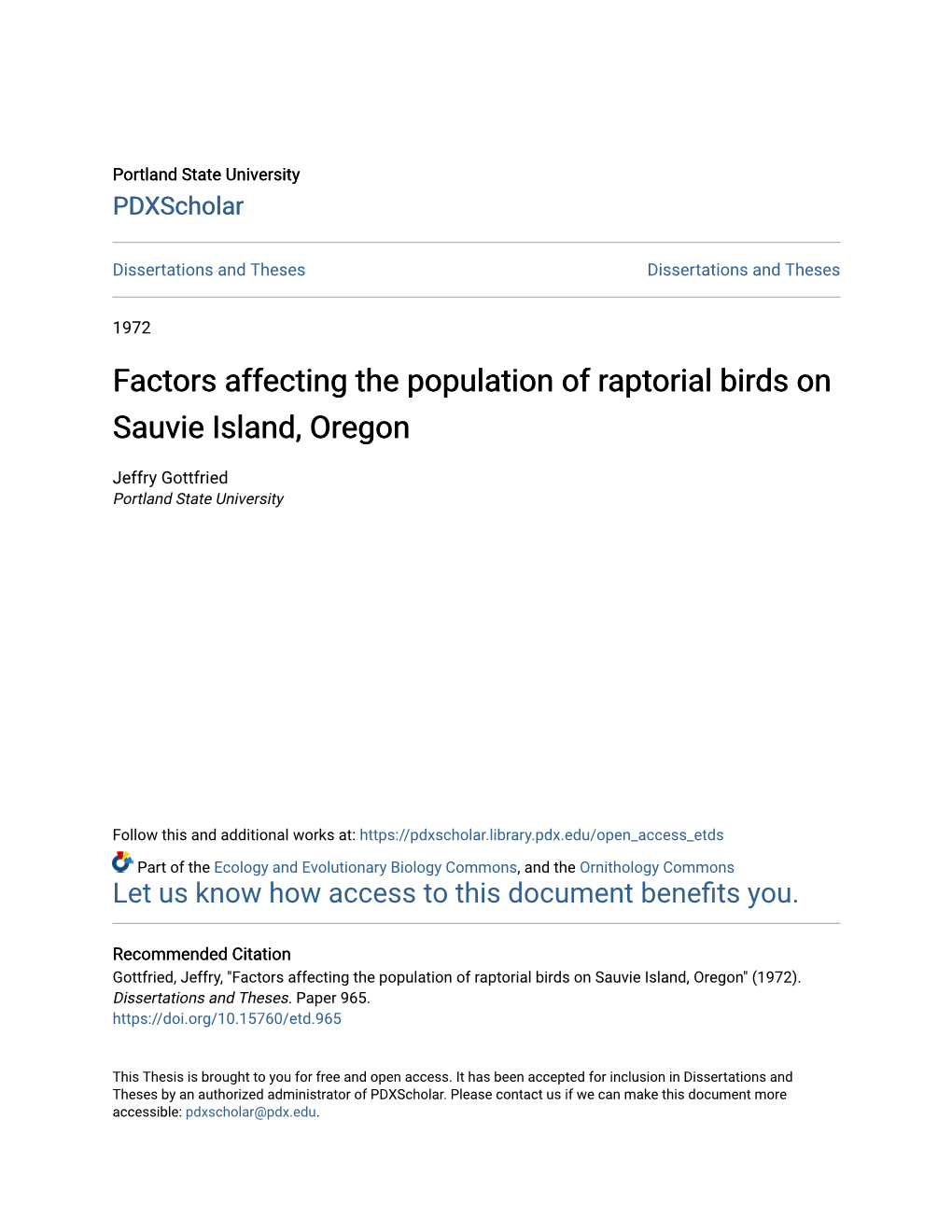 Factors Affecting the Population of Raptorial Birds on Sauvie Island, Oregon