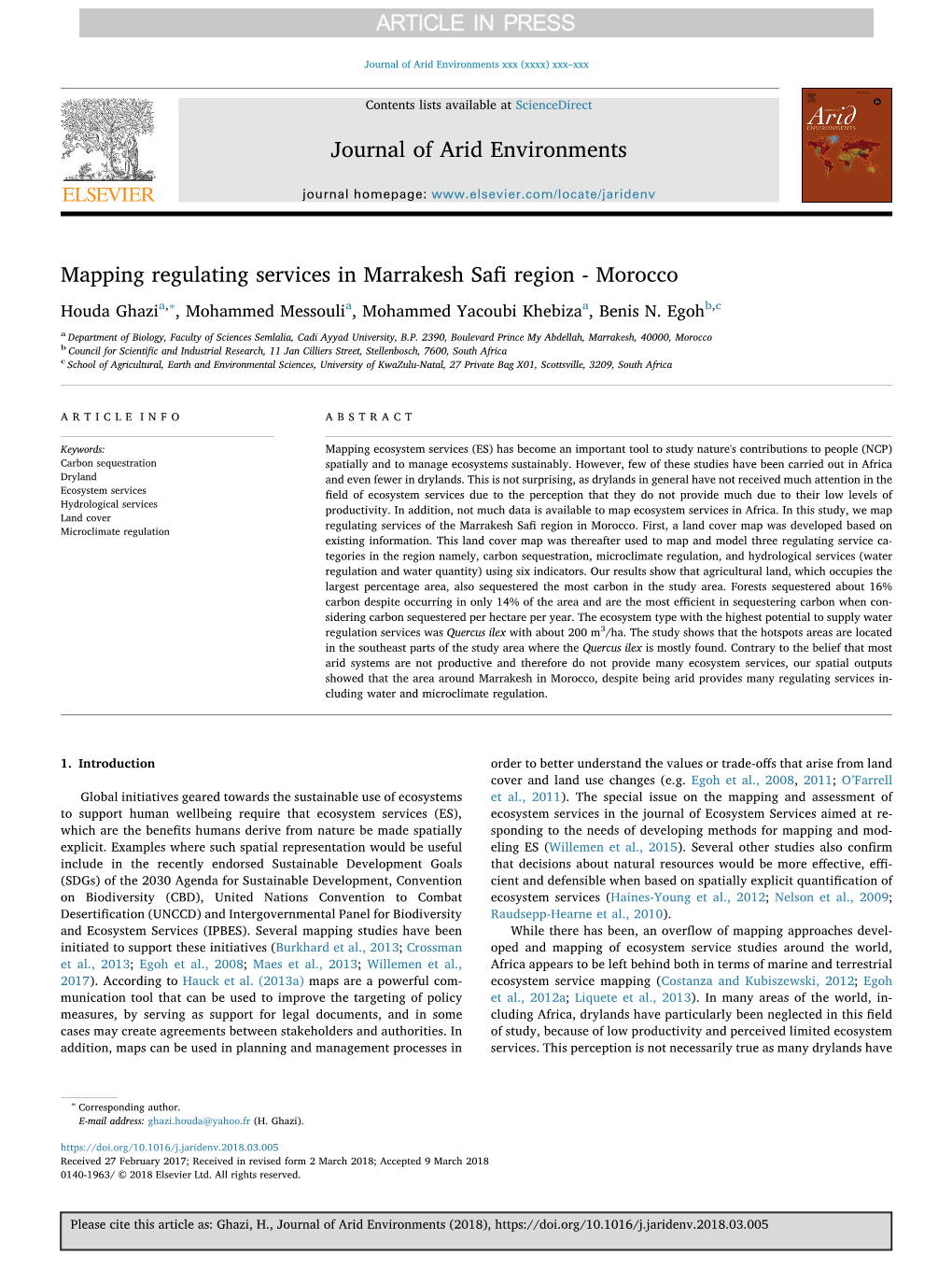 Mapping Regulating Services in Marrakesh Safi Region