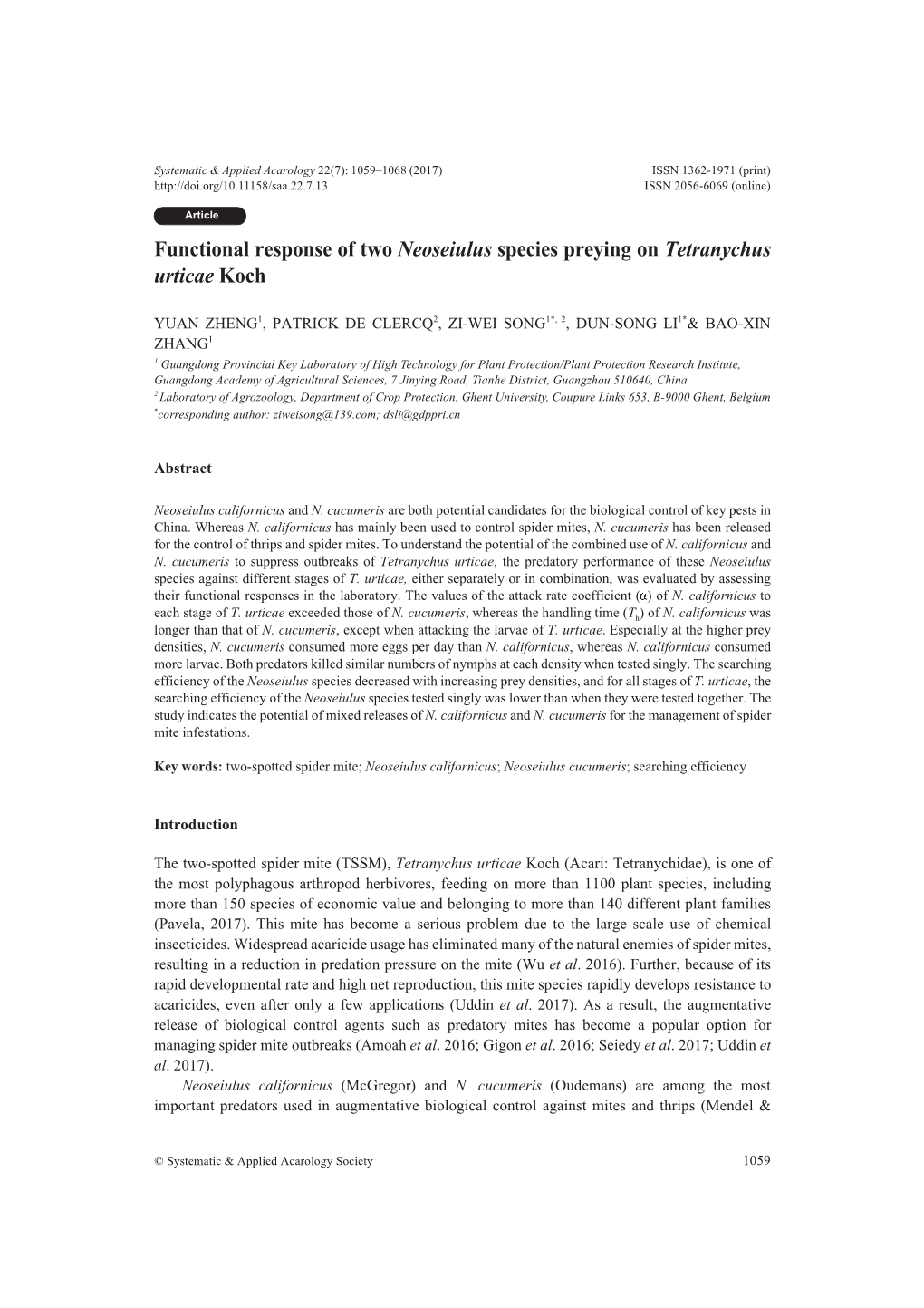 Functional Response of Two Neoseiulus Species Preying on Tetranychus Urticae Koch