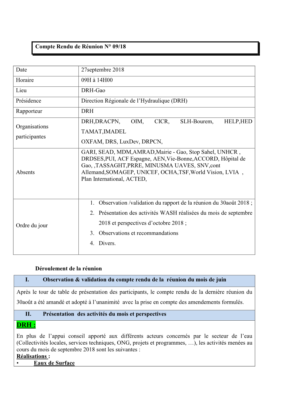 Compte Rendu De Réunion N° 09/18 Date 27Septembre 2018 Horaire