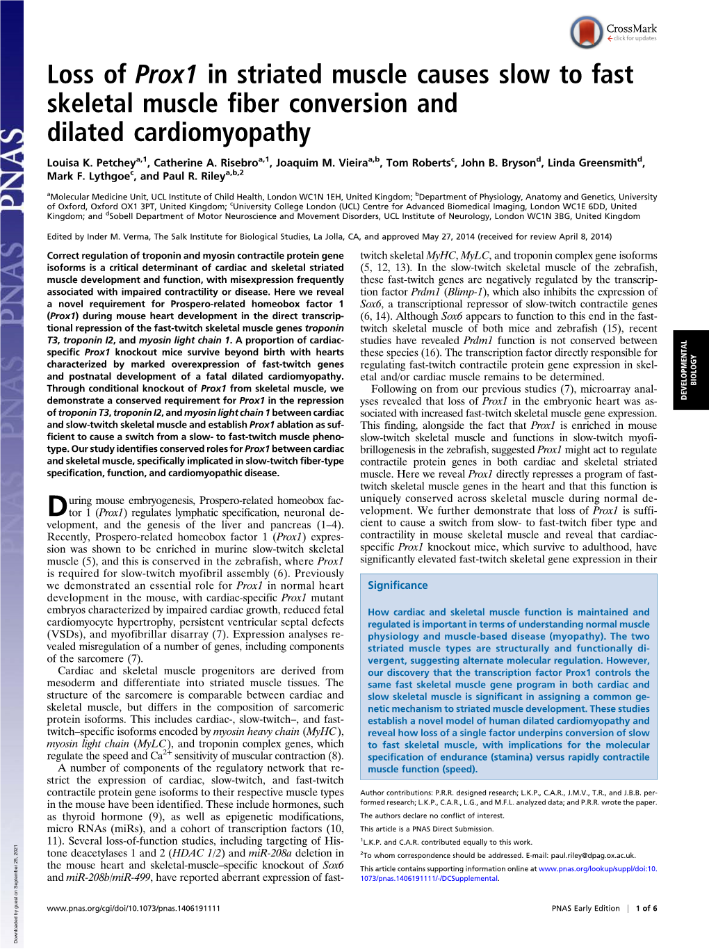 Loss of Prox1 in Striated Muscle Causes Slow to Fast Skeletal Muscle Fiber Conversion and Dilated Cardiomyopathy