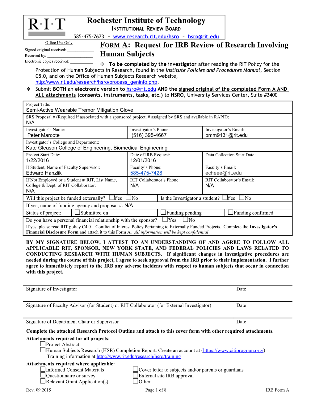 Form A: Request for IRB Review of Research Involving Human Subjects