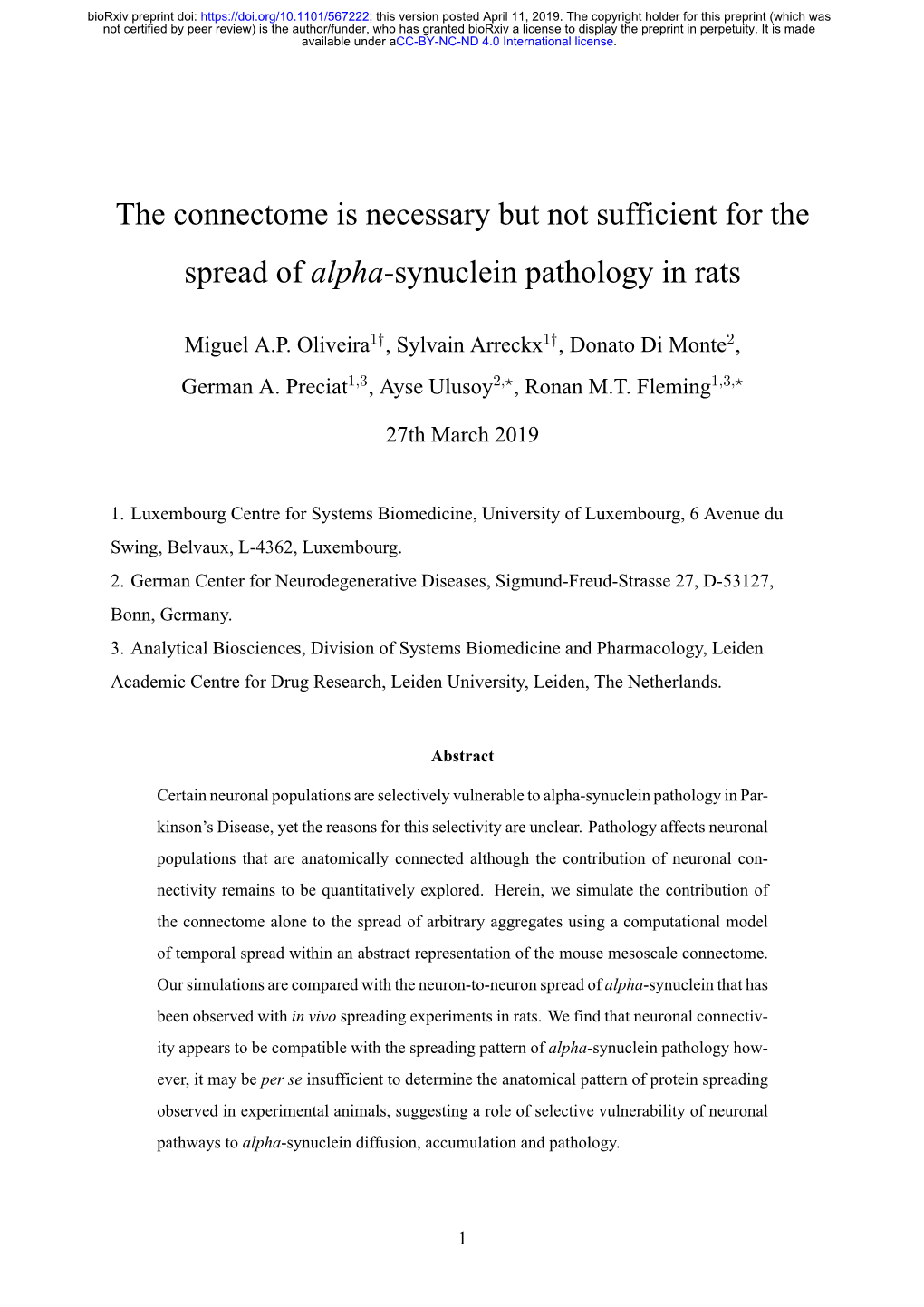 The Connectome Is Necessary but Not Sufficient for the Spread of Alpha-Synuclein Pathology in Rats