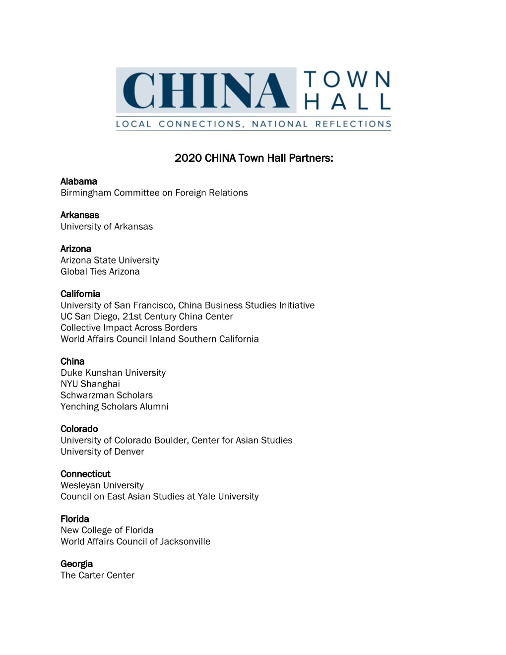 2020 CHINA Town Hall Partners