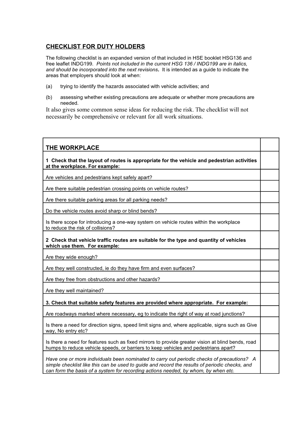 Checklist for Duty Holders