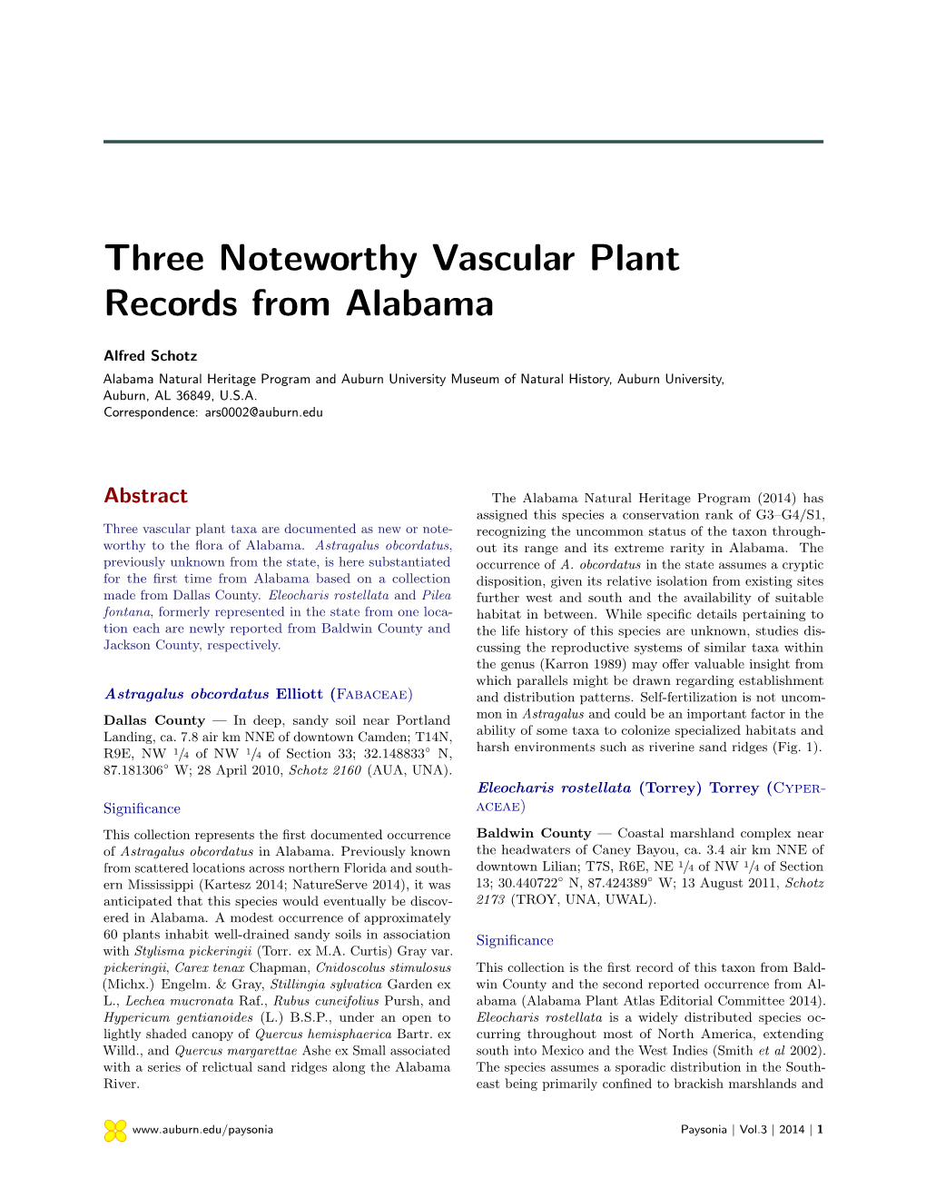 Three Noteworthy Vascular Plant Records from Alabama