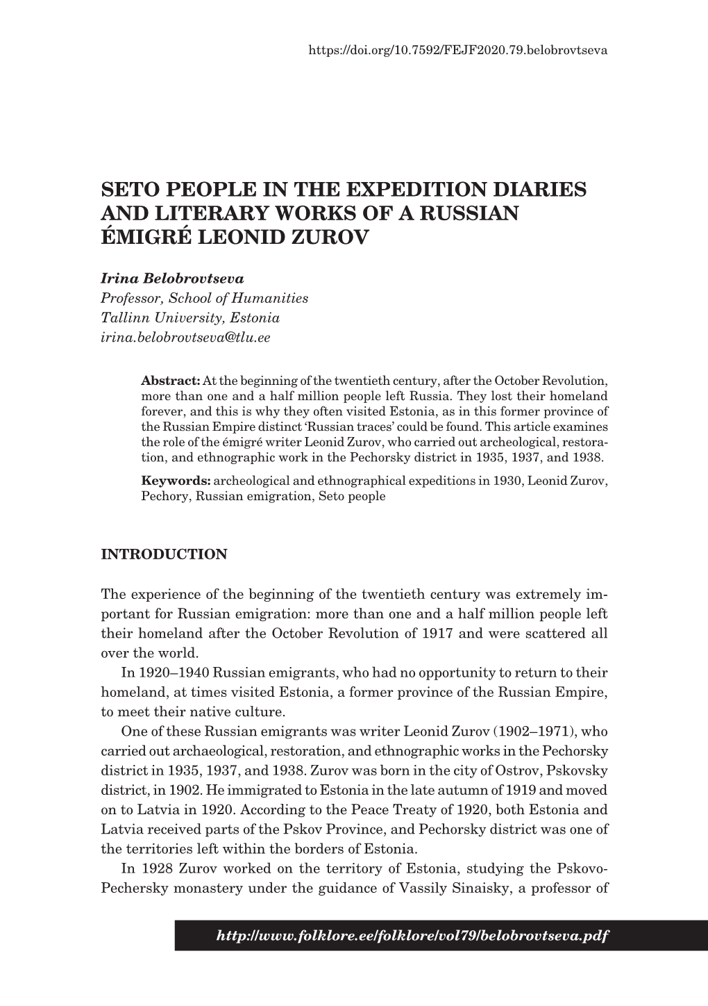 Seto People in the Expedition Diaries and Literary Works of a Russian Émigré Leonid Zurov