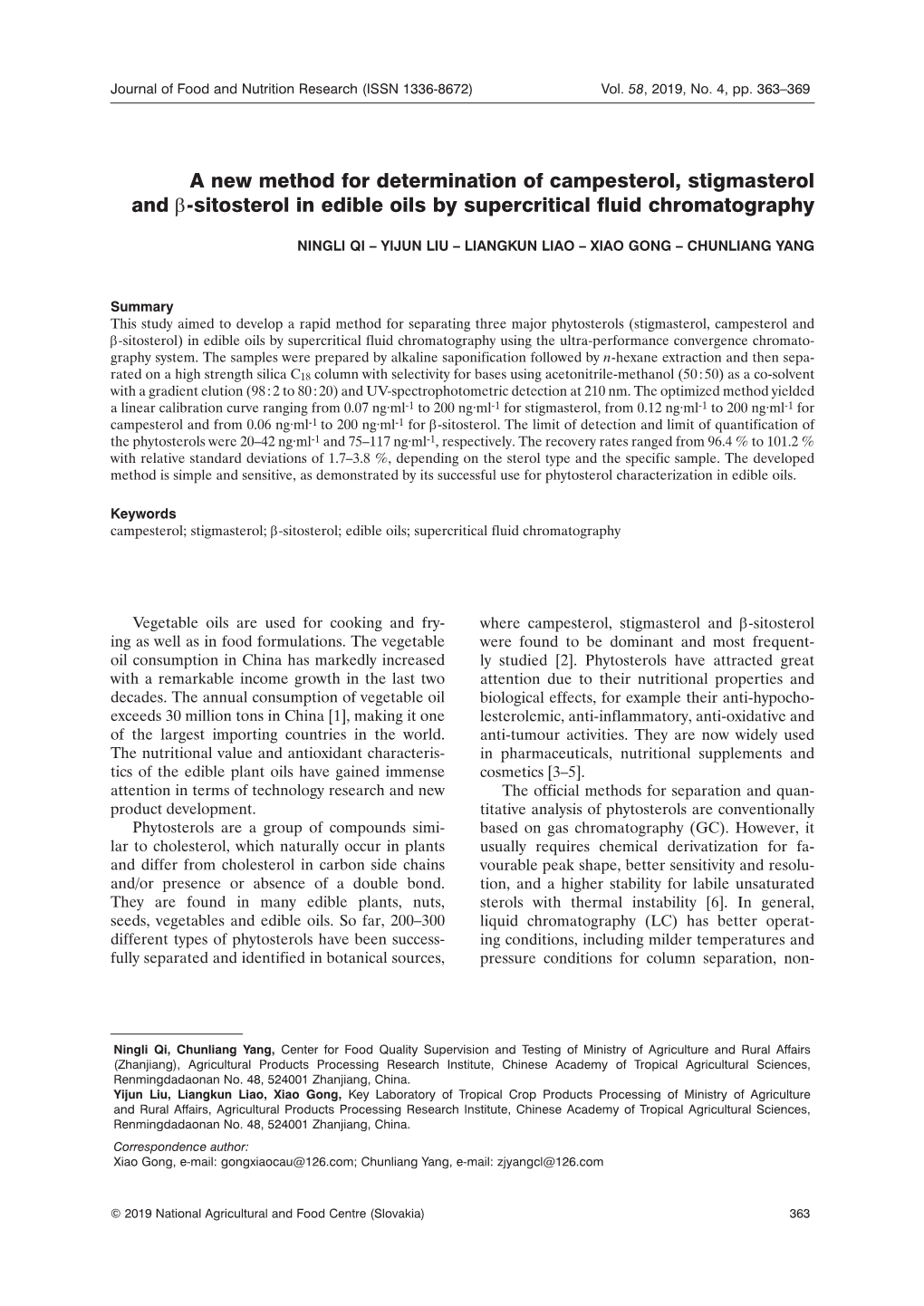 A New Method for Determination of Campesterol, Stigmasterol and Β-Sitosterol in Edible Oils by Supercritical Fluid Chromatography