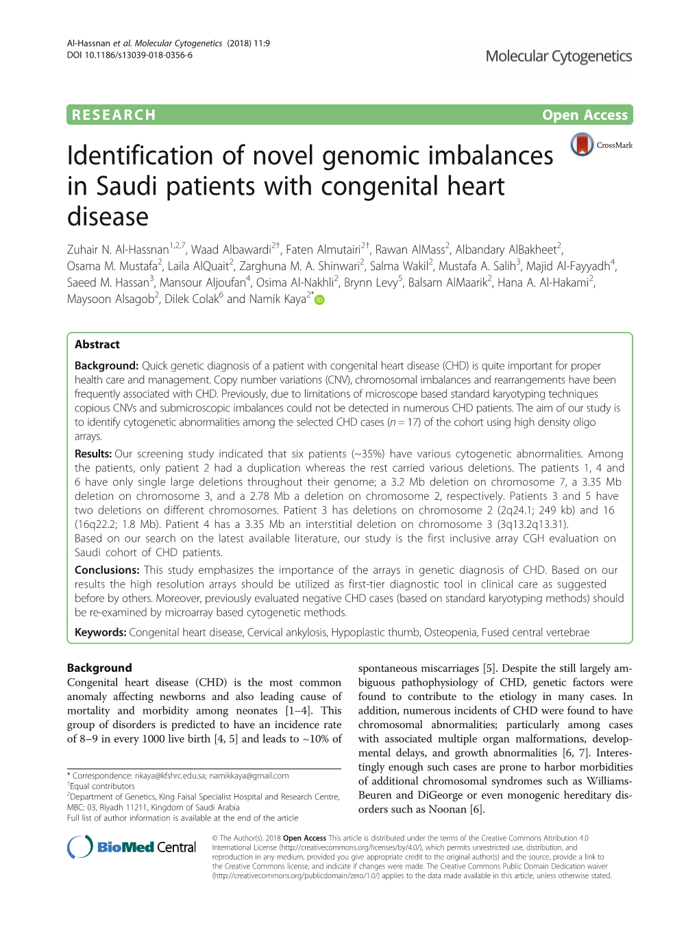 Identification of Novel Genomic Imbalances in Saudi Patients with Congenital Heart Disease Zuhair N