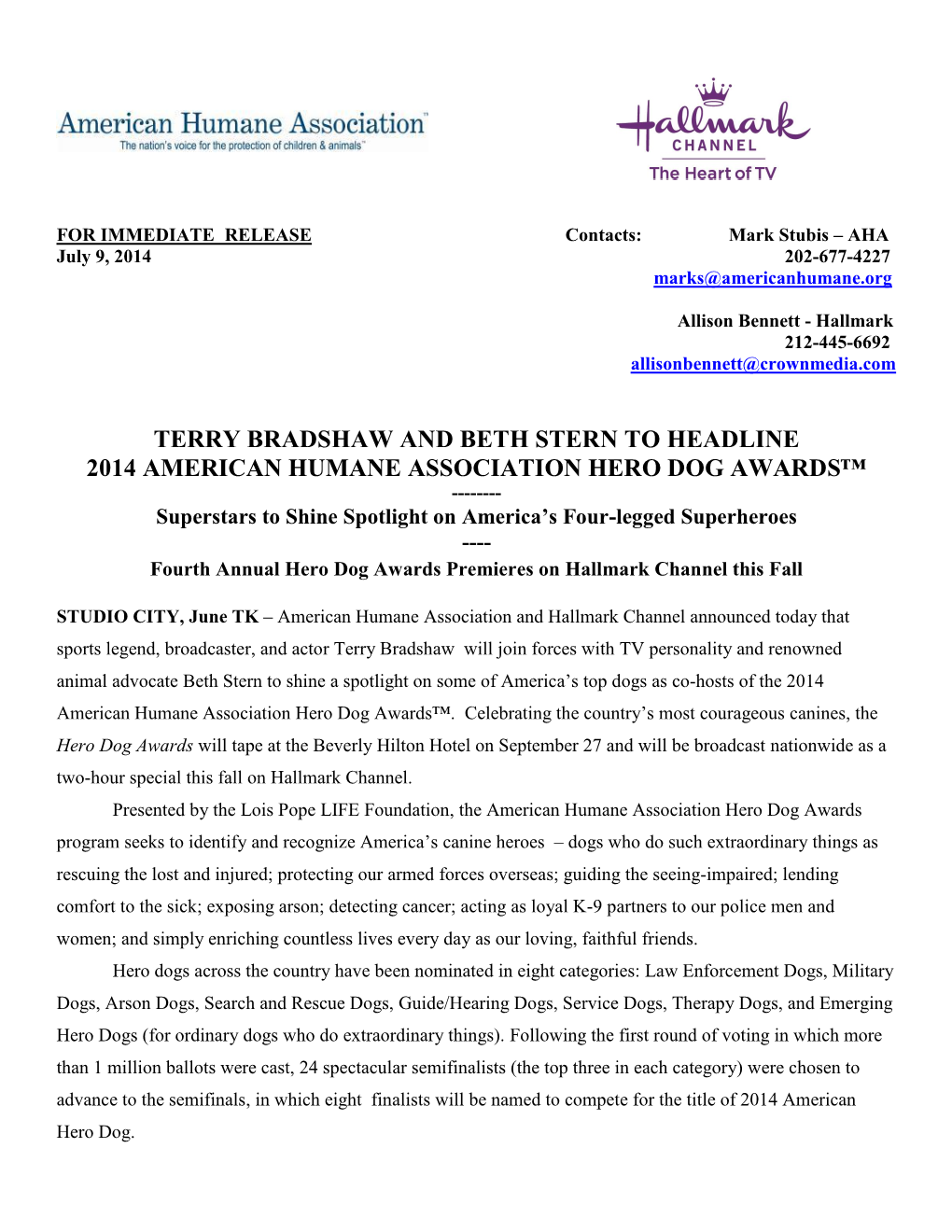 Terry Bradshaw and Beth Stern to Headline 2014 American Humane Association Hero Dog Awards