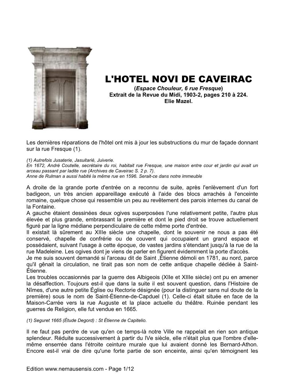 L'hotel NOVI DE CAVEIRAC (Espace Chouleur, 6 Rue Fresque) Extrait De La Revue Du Midi, 1903-2, Pages 210 À 224
