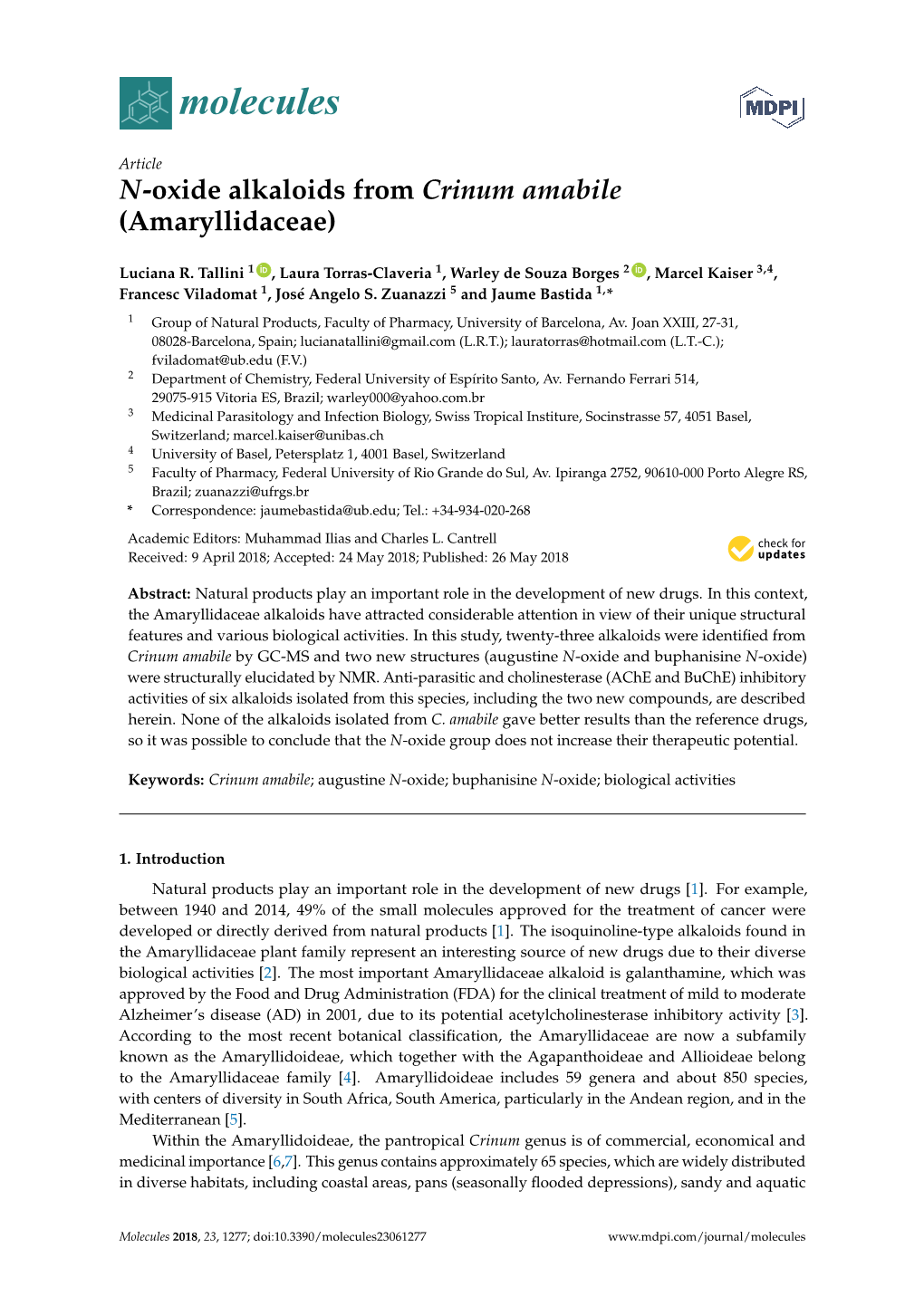 N-Oxide Alkaloids from Crinum Amabile (Amaryllidaceae)