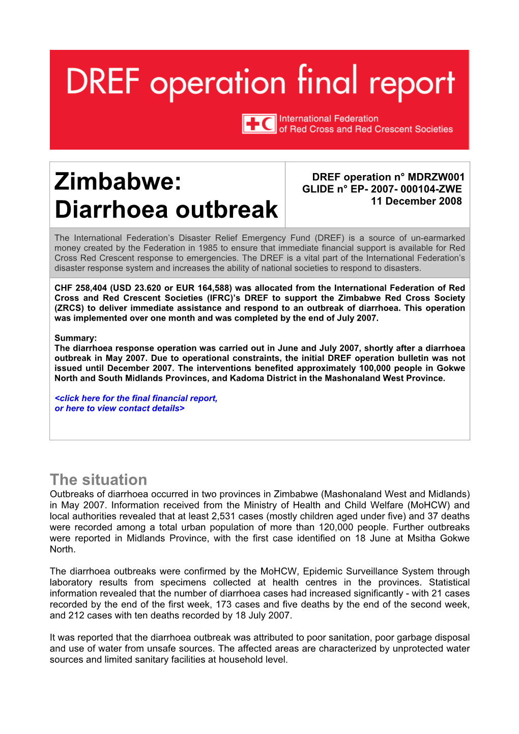 Zimbabwe: Diarrhoea Outbreak: MDRZW001: Final Report