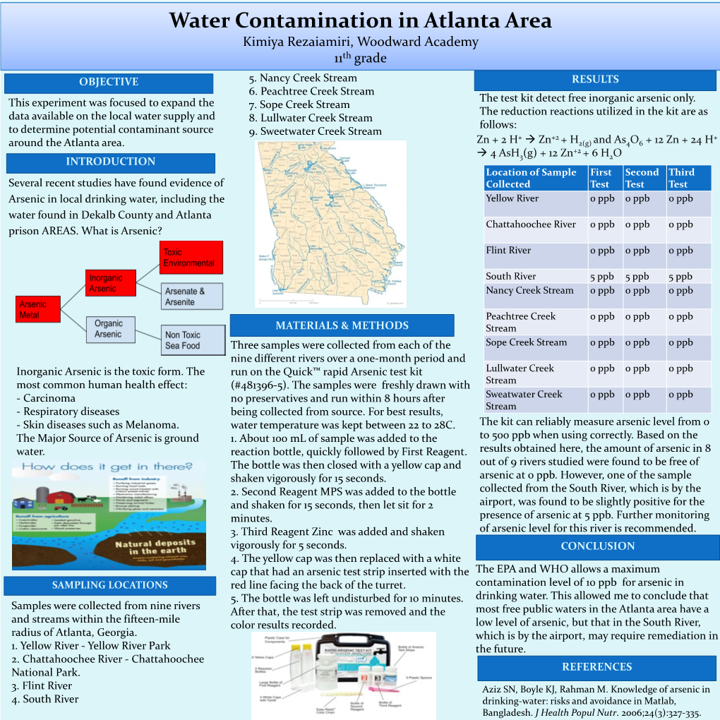 Water Contamination in Atlanta Area Kimiya Rezaiamiri, Woodward Academy 11Th Grade