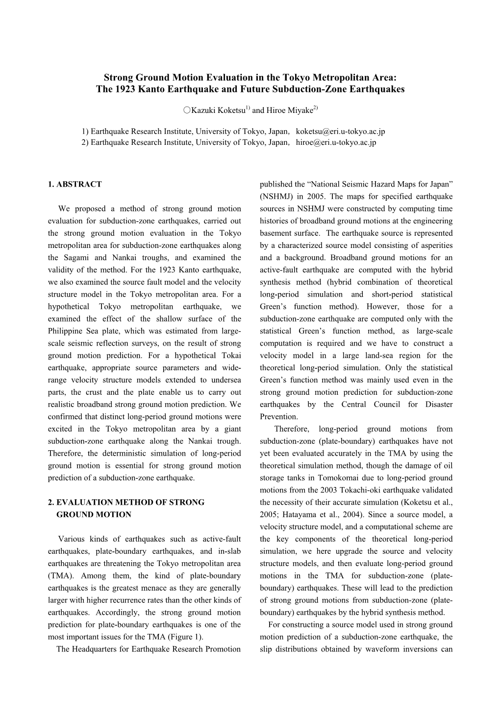 Strong Ground Motion Evaluation in the Tokyo Metropolitan Area: the 1923 Kanto Earthquake and Future Subduction-Zone Earthquakes