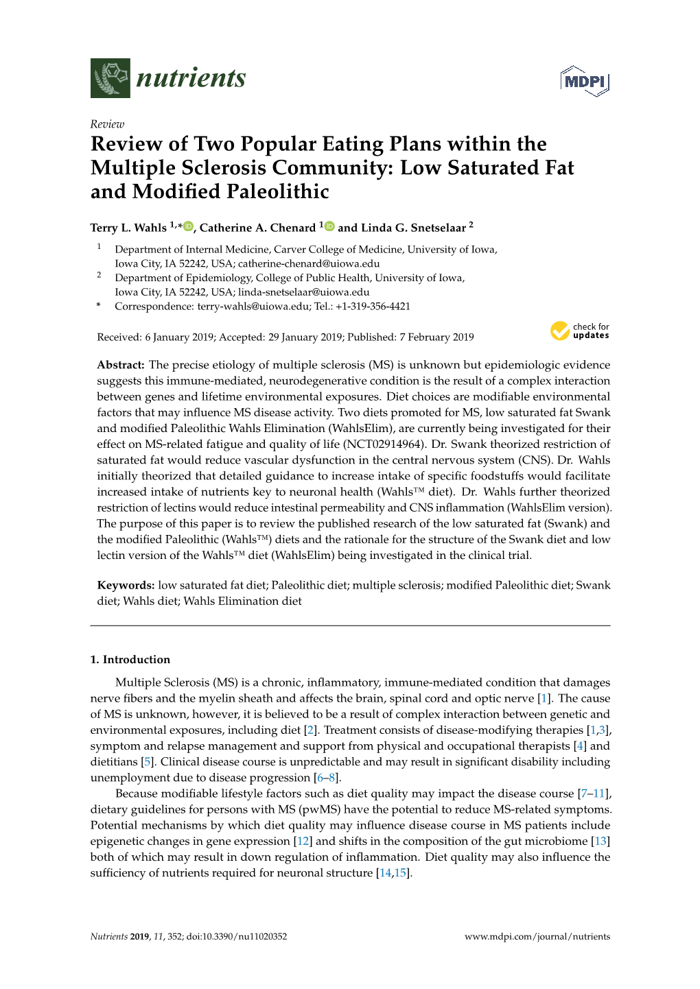 Review of Two Popular Eating Plans Within the Multiple Sclerosis Community: Low Saturated Fat and Modified Paleolithic
