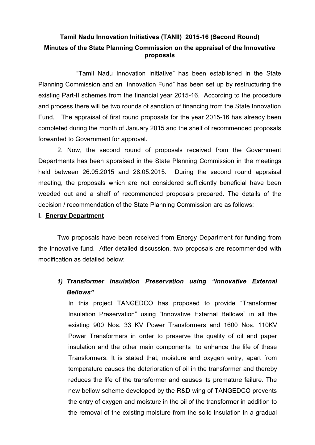 TANII) 2015-16 (Second Round) Minutes of the State Planning Commission on the Appraisal of the Innovative Proposals