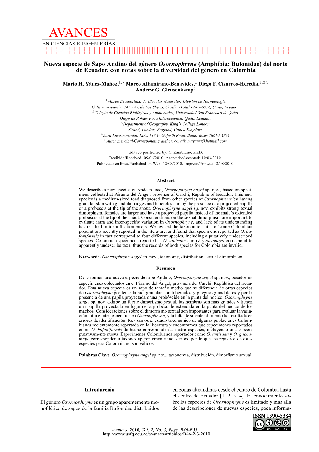 Nueva Especie De Sapo Andino Del Género Osornophryne (Amphibia: Bufonidae) Del Norte De Ecuador, Con Notas Sobre La Diversidad Del Género En Colombia