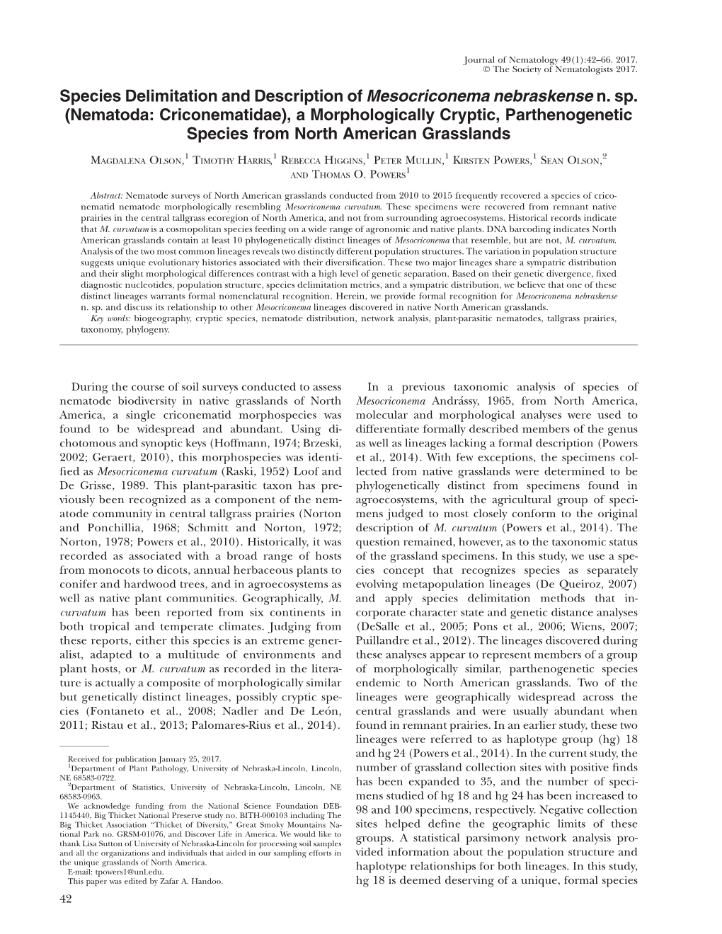 Species Delimitation and Description of Mesocriconema Nebraskense N