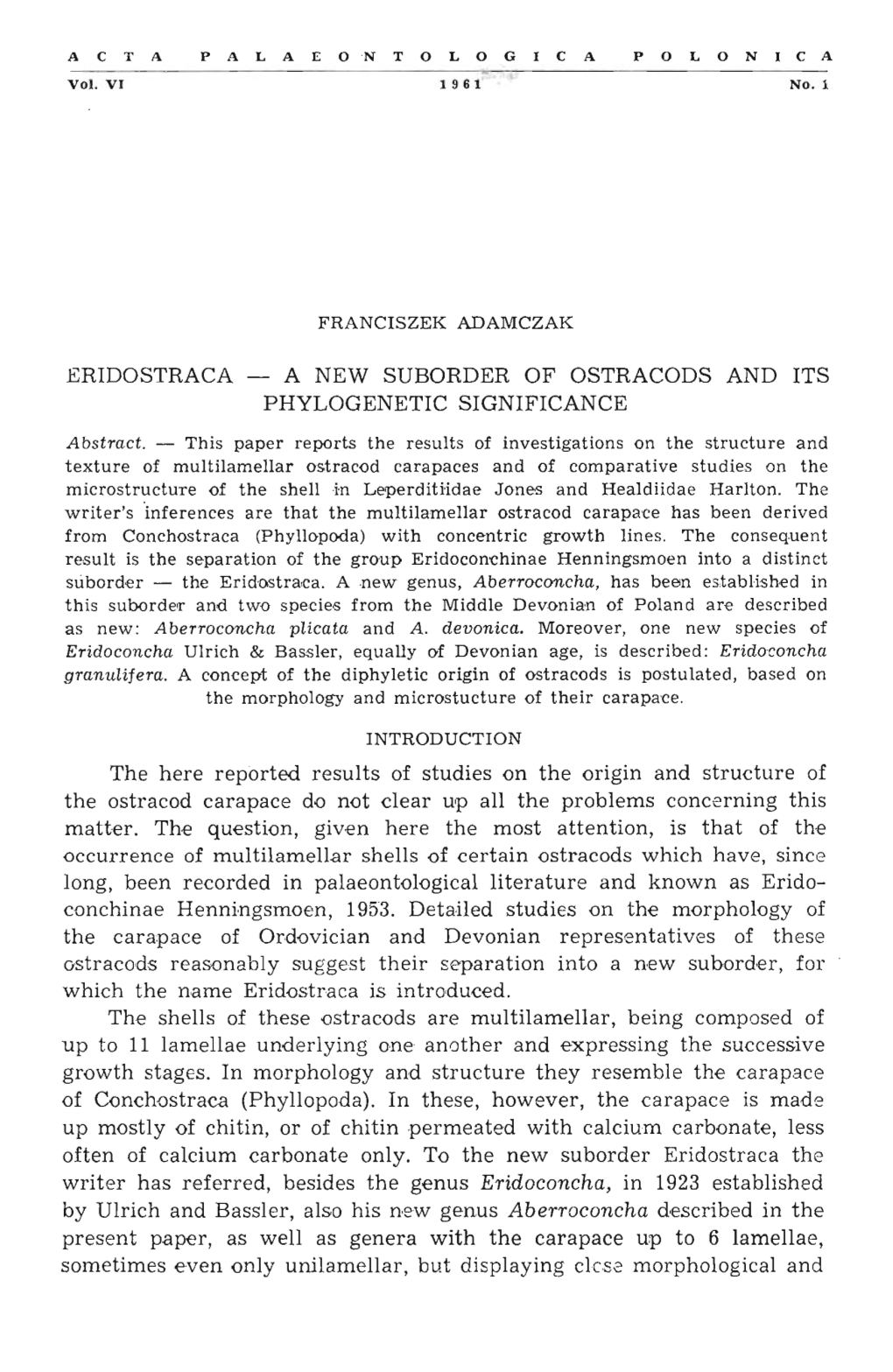 Eridostraca a New Suborder of Ostracods and Its Phylogenetic Significance