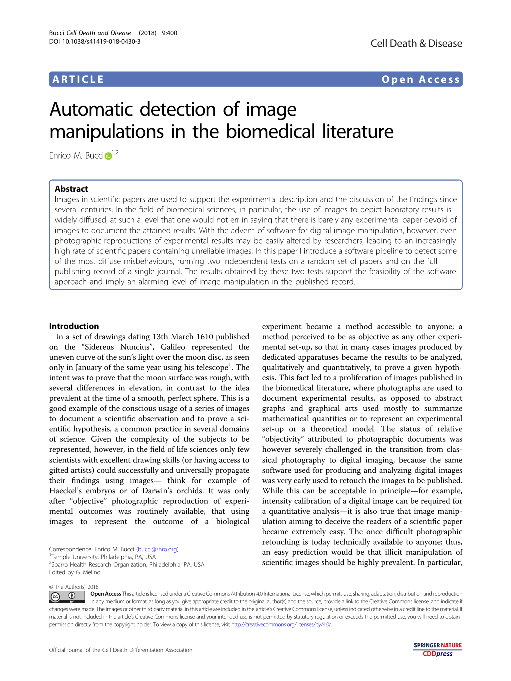 Automatic Detection of Image Manipulations in the Biomedical Literature Enrico M